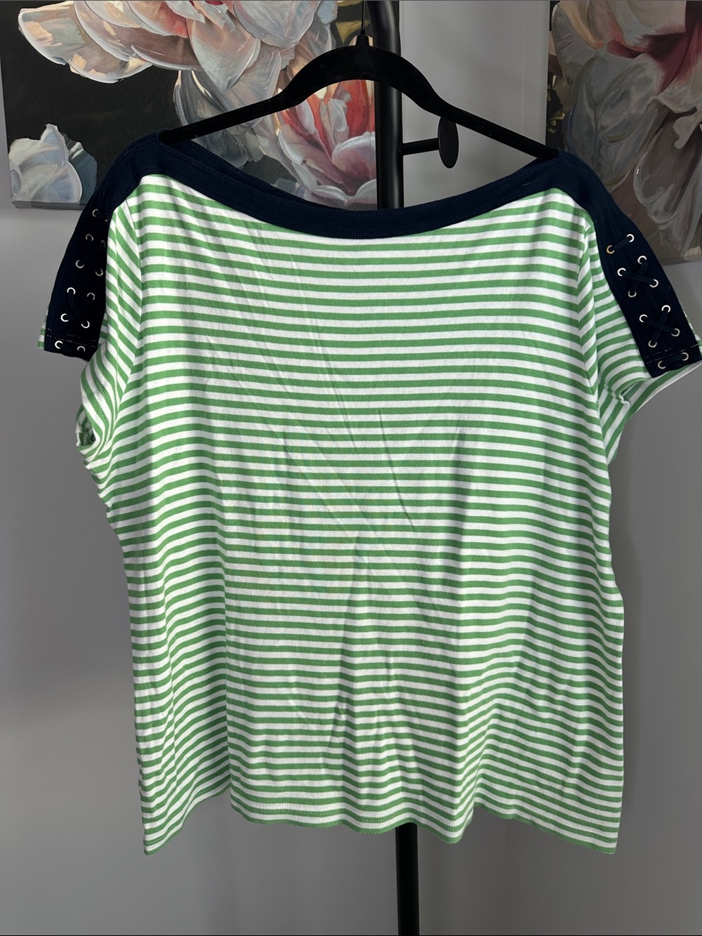 Chaps Green & White Striped Short Sleeve Top with Navy lace up Shoulders
